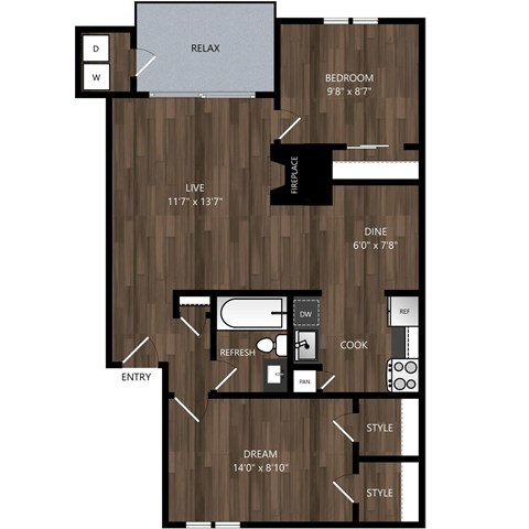 Floor plan for 1 bed, 1 bath, 858 sqft